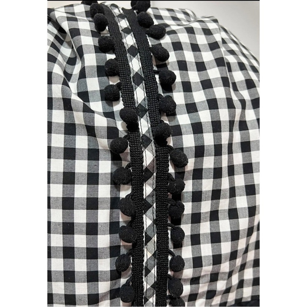 Cupio Womens Sz M Black White Gingham Pom Fringe Peplum Bell Sleeve Blouse Top - Picture 3 of 7
